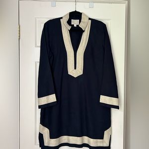 Sail to Sable navy linen dress with beige/gold trim